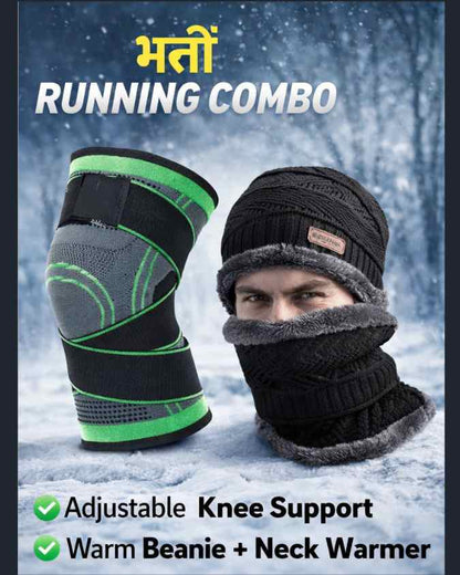 Police Winter Running Performance Combo (Warm Cap + Neck Warmer + Knee Support Sleeve)
