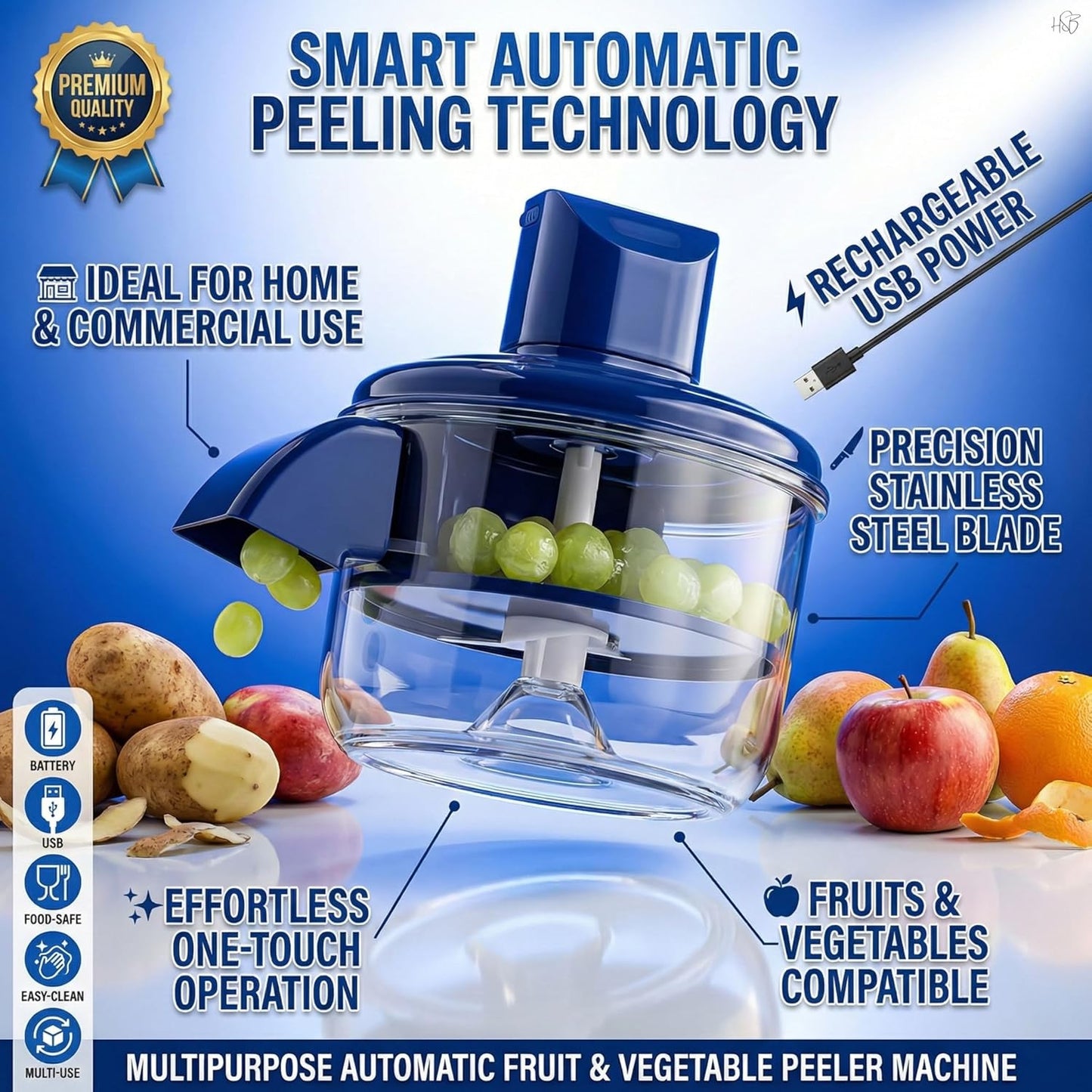 Automatic Vegetable & Fruit Peel Remover | Electric Peeler with Container | Fast & Easy Peeling for Grapes, Cherry Tomatoes & Small Fruits